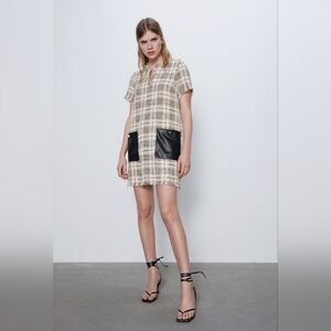 Like New Zara Mini Dress Faux Leather Short Sleeve Round Collar Dress